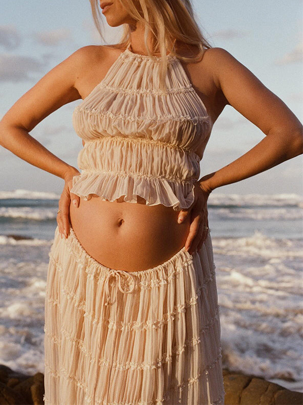 Beaumama robe longue de maternité beige en 2 pièces pour les vacances shooting