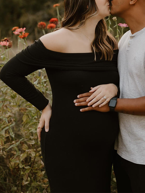 Beaumama robe pulls longue grossesse chic élégant crochet tricot épaule dénudée moulante femme enceinte
