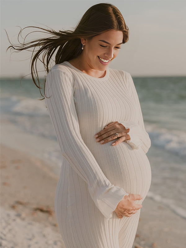 Beaumama robes shooting longue grossesse élégant ceinture rayé crochet tricot femme enceinte