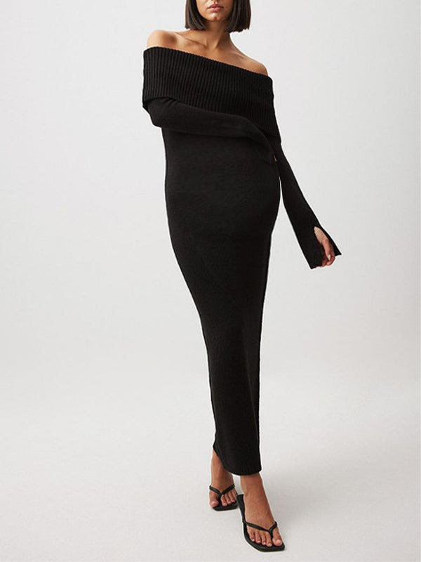 Beaumama robe pulls longue grossesse chic élégant crochet tricot épaule dénudée moulante femme enceinte
