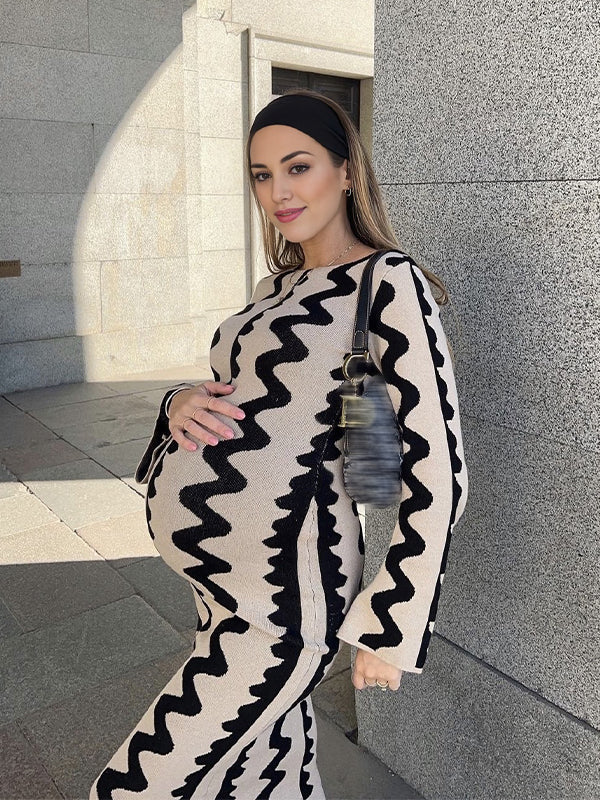 Beaumama robe longue grossesse vacances shooting crochet tricot moulante bord ondulé femme enceinte
