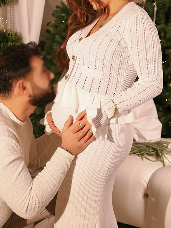 Beaumama robe pulls longue grossesse élégant crochet tricot 2 pièces volants sirene moulante femme enceinte