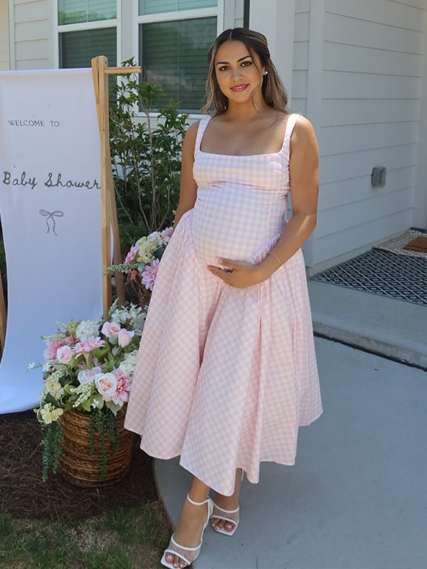 Beaumama robe longue grossesse babyshower carreaux trapèze strap femme enceinte