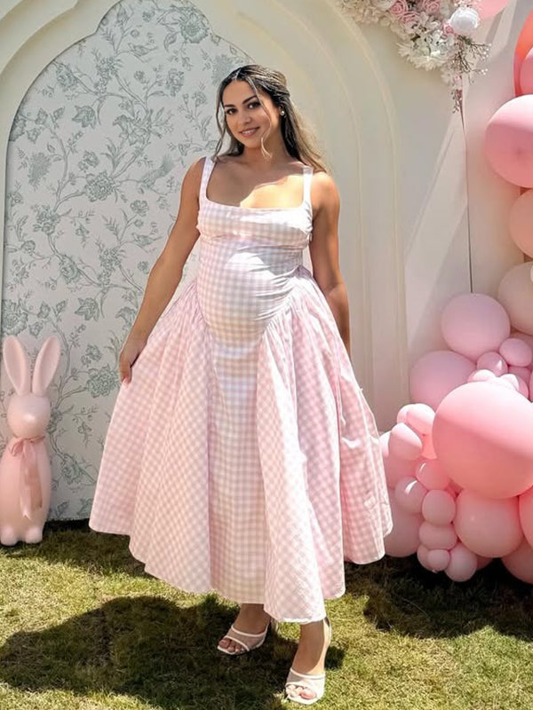 Beaumama robe longue grossesse babyshower carreaux trapèze strap femme enceinte