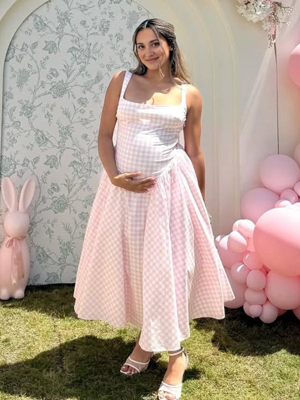 Beaumama robe longue grossesse babyshower carreaux trapèze strap femme enceinte