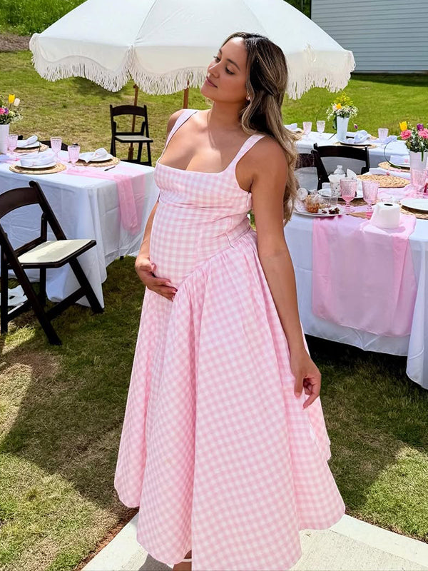 Beaumama robe longue grossesse babyshower carreaux trapèze strap femme enceinte