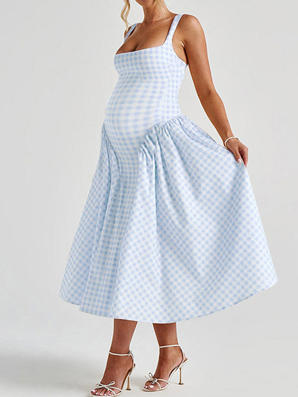 Beaumama robe longue grossesse babyshower carreaux trapèze strap femme enceinte