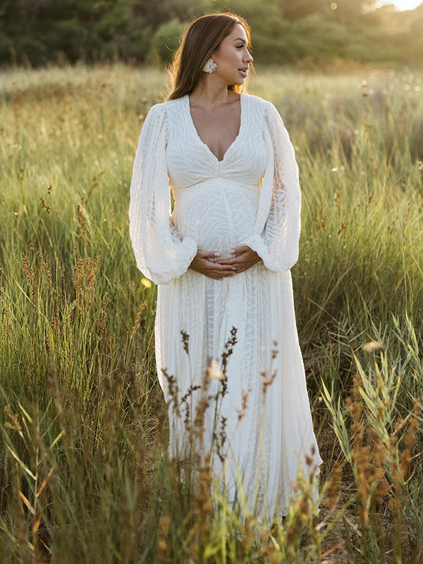 Beaumama robe de mariage longue grossesse élégant dos nu fluide trapèze manches trompette femme enceinte