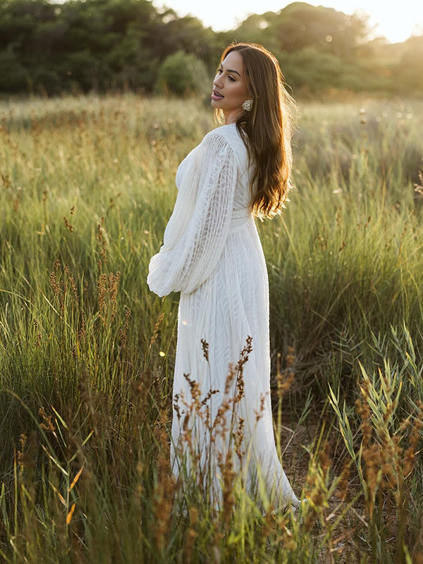 Beaumama robe de mariage longue grossesse élégant dos nu fluide trapèze manches trompette femme enceinte