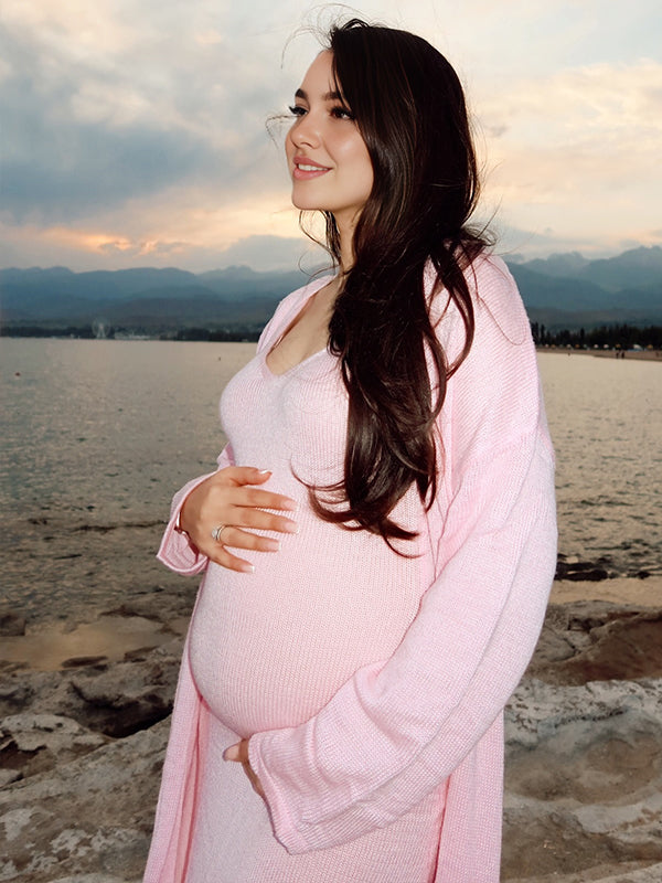 Beaumama robe longue grossesse élégant confortable 2 pièces crochet tricot femme enceinte