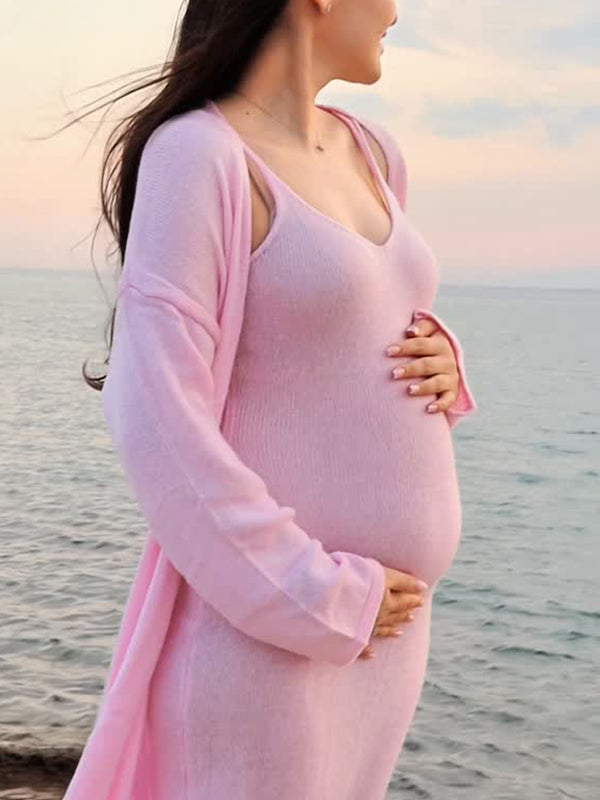 Beaumama robe longue grossesse élégant confortable 2 pièces crochet tricot femme enceinte