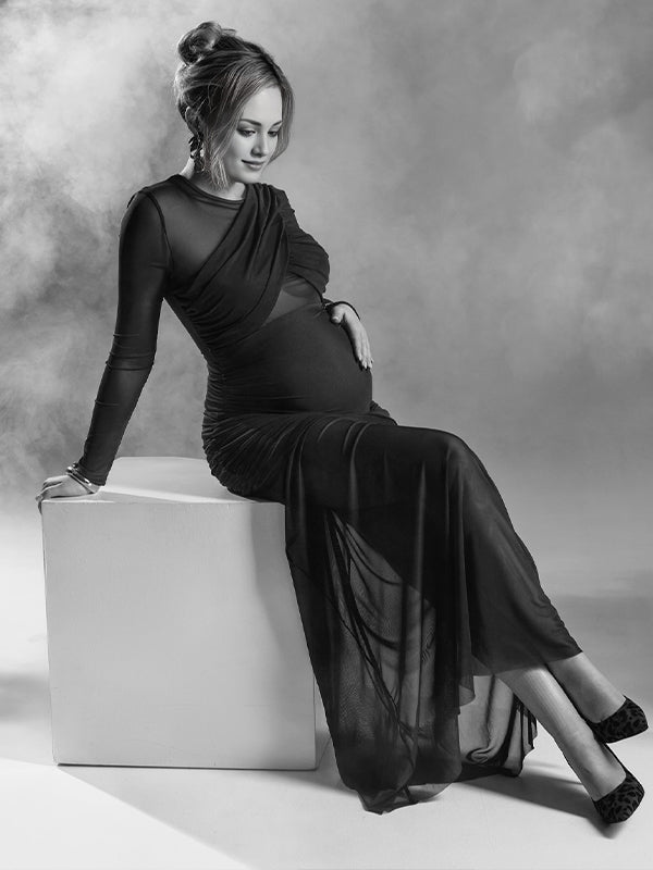 Beaumama robe shooting longue grossesse chic transparent tulle plissé moulante femme enceinte