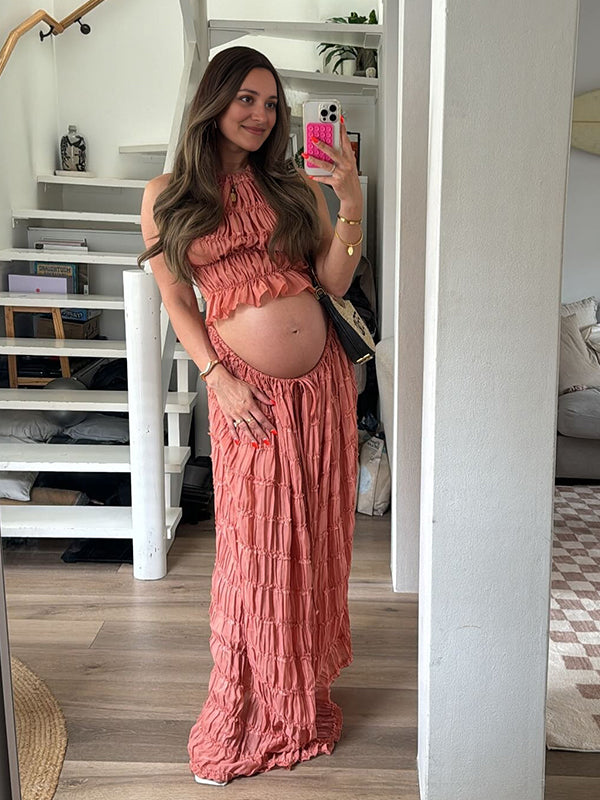 Beaumama robe longue grossesse chic vacances 2 pièces plissé dos nu rose femme enceinte