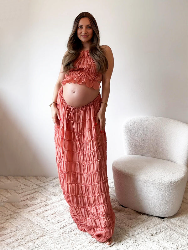 Beaumama robe longue grossesse chic vacances 2 pièces plissé dos nu rose femme enceinte