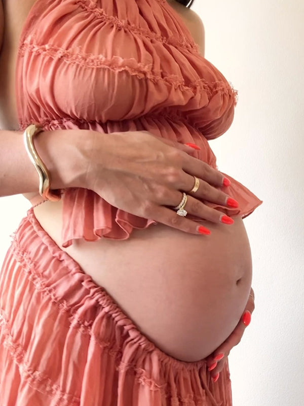 Beaumama robe longue grossesse chic vacances 2 pièces plissé dos nu rose femme enceinte