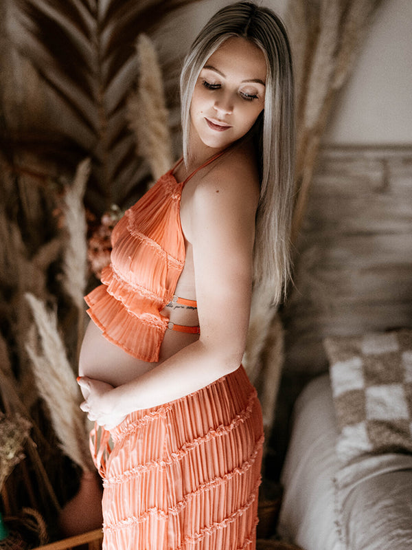 Beaumama robe longue grossesse chic vacances 2 pièces plissé dos nu rose femme enceinte