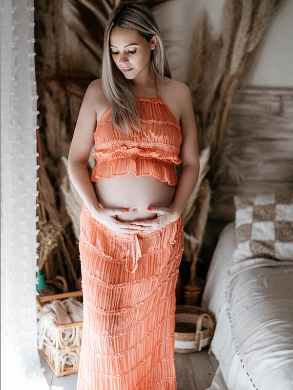Beaumama robe longue grossesse chic vacances 2 pièces plissé dos nu rose femme enceinte