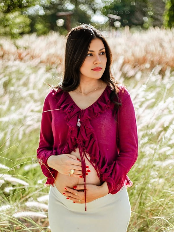 Beaumama gilets en maille grossesse chic vacances crochet tricot volants shooting femme enceinte