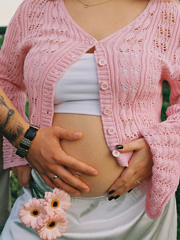 Beaumama pulls grossesse mignon confortable crochet tricot boutonnage volants gilets en maille femme enceinte