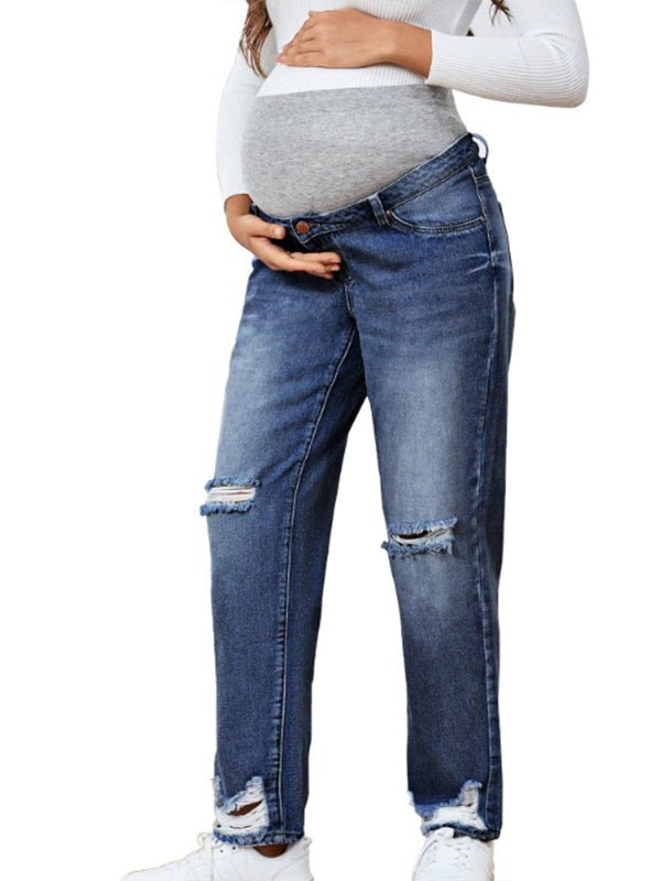Beaumama jeans droit grossesse casual chic simple déchiré troué poches taille haute femme enceinte