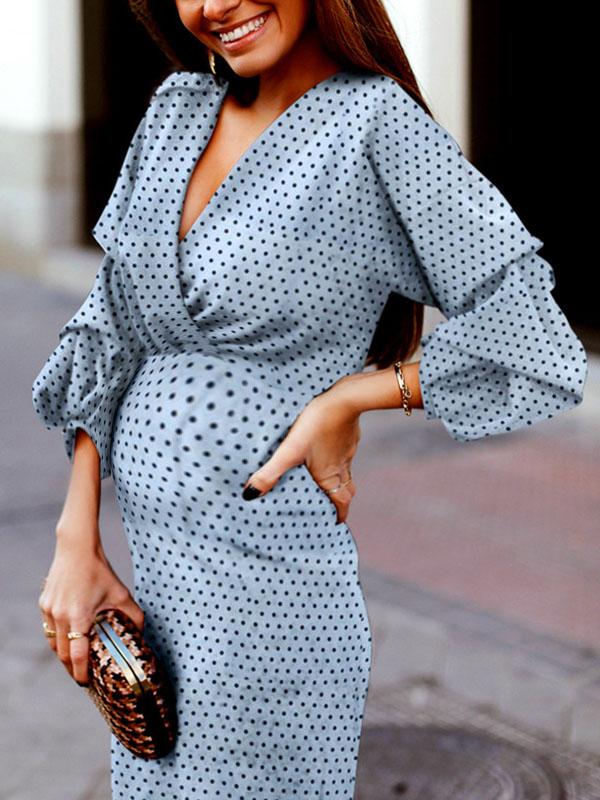 Beaumama robe moulante mi-longue grossesse pois manchon de lanterne femme enceinte