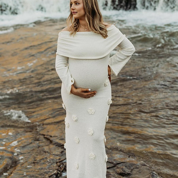Beaumama robe shooting longue grossesse photo tricot 3D fleur col bateau manches trompette élégant femme enceinte