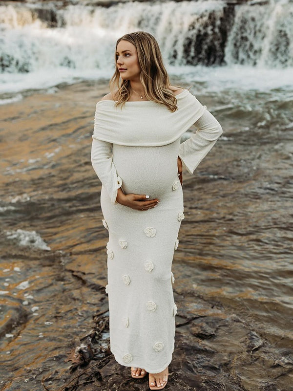 Beaumama robe shooting longue grossesse photo tricot 3D fleur col bateau manches trompette élégant femme enceinte