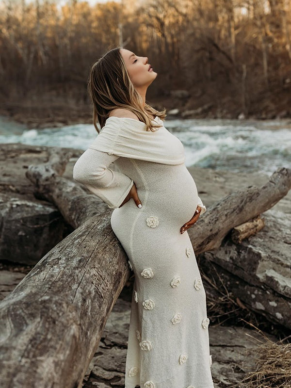 Beaumama robe shooting longue grossesse photo tricot 3D fleur col bateau manches trompette élégant femme enceinte