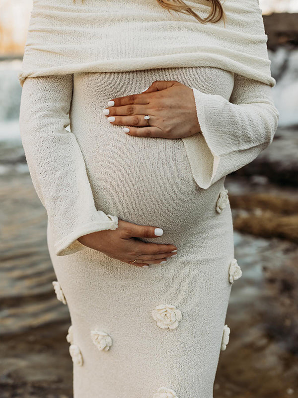 Beaumama robe shooting longue grossesse photo tricot 3D fleur col bateau manches trompette élégant femme enceinte