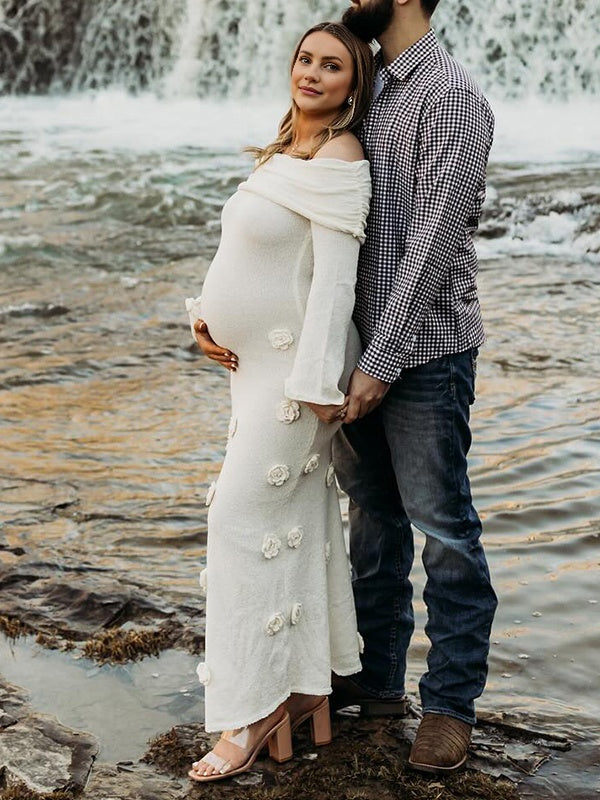 Beaumama robe shooting longue grossesse photo tricot 3D fleur col bateau manches trompette élégant femme enceinte