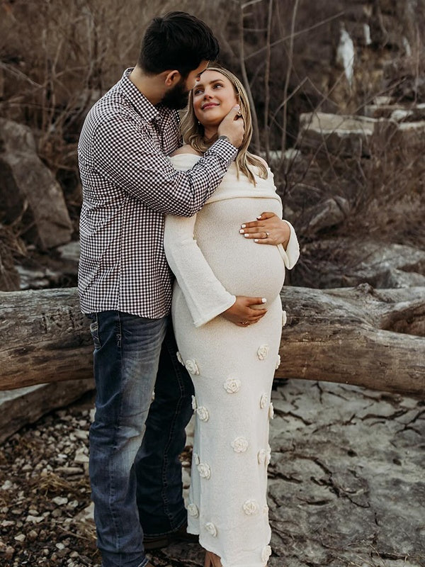 Beaumama robe shooting longue grossesse photo tricot 3D fleur col bateau manches trompette élégant femme enceinte