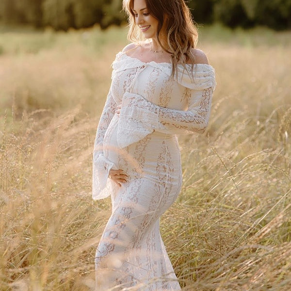 Beaumama robe shooting longue grossesse photo dentelle moulante col bateau manches longues élégant femme enceinte