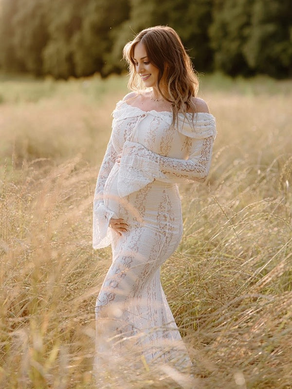 Beaumama robe shooting longue grossesse photo dentelle moulante col bateau manches longues élégant femme enceinte