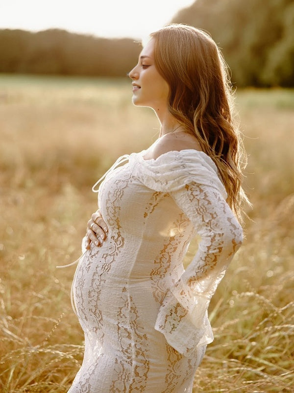 Beaumama robe shooting longue grossesse photo dentelle moulante col bateau manches longues élégant femme enceinte
