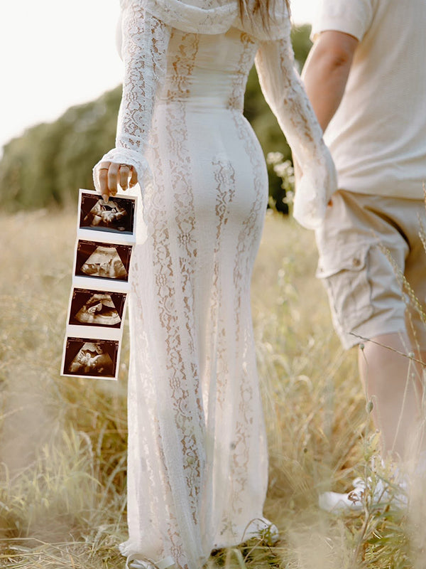 Beaumama robe shooting longue grossesse photo dentelle moulante col bateau manches longues élégant femme enceinte