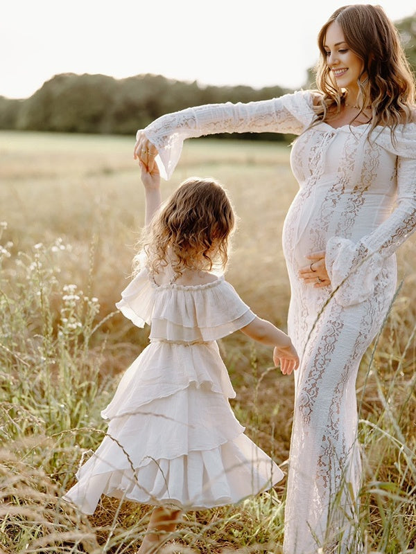 Beaumama robe shooting longue grossesse photo dentelle moulante col bateau manches longues élégant femme enceinte