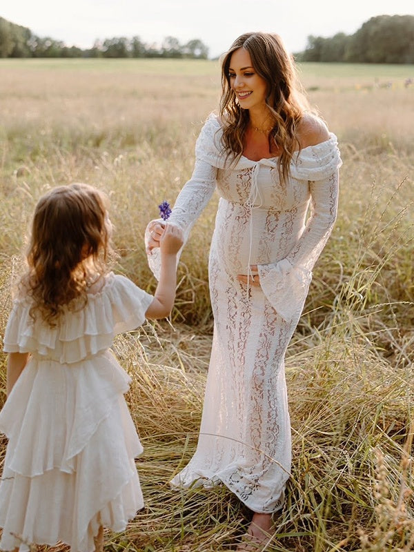 Beaumama robe shooting longue grossesse photo dentelle moulante col bateau manches longues élégant femme enceinte