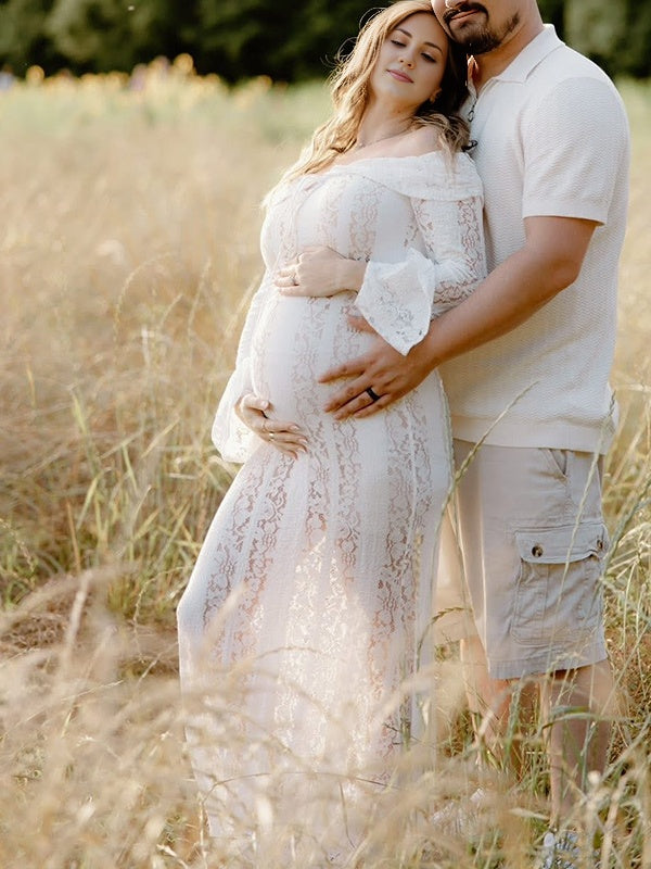 Beaumama robe shooting longue grossesse photo dentelle moulante col bateau manches longues élégant femme enceinte