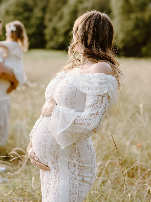Beaumama robe shooting longue grossesse photo dentelle moulante col bateau manches longues élégant femme enceinte