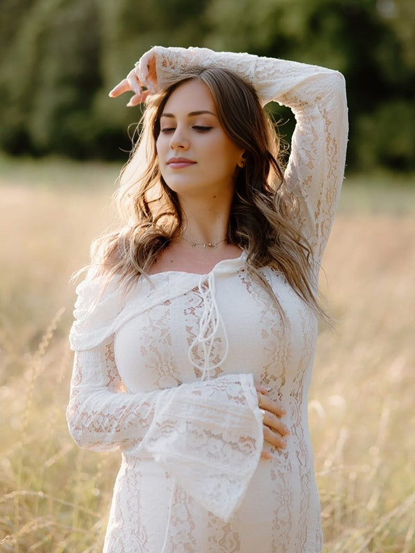 Beaumama robe shooting longue grossesse photo dentelle moulante col bateau manches longues élégant femme enceinte