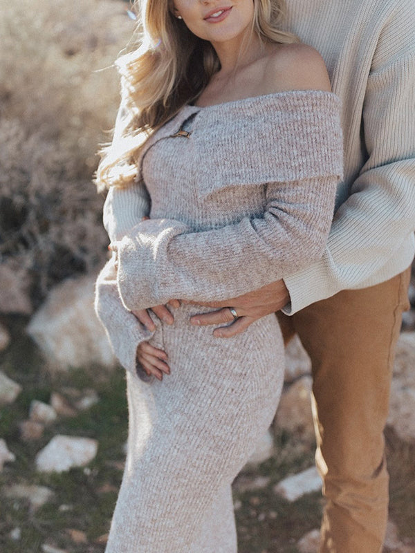 Beaumama robe shooting longue pulls grossesse élégant chic boucle épaule dénudée moulante femme enceinte