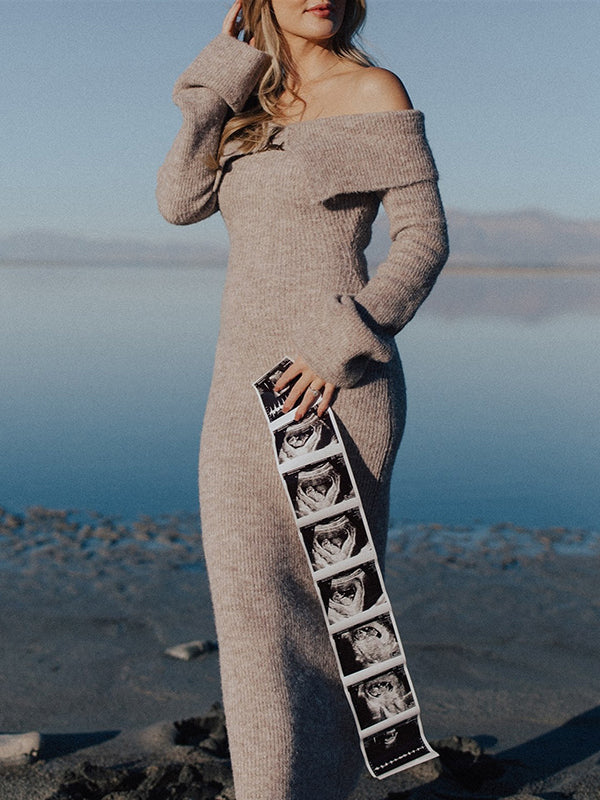 Beaumama robe shooting longue pulls grossesse élégant chic boucle épaule dénudée moulante femme enceinte