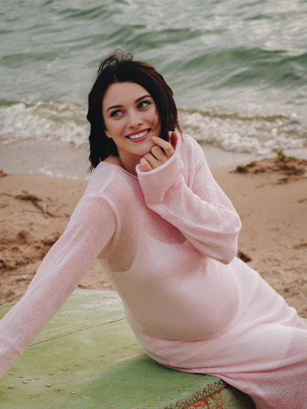 Beaumama robes longue grossesse tricot costume deux pièces col rond élégant femme enceinte