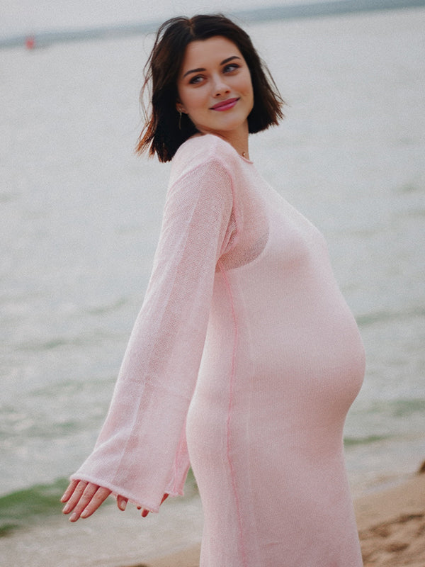 Beaumama robes longue grossesse tricot costume deux pièces col rond élégant femme enceinte
