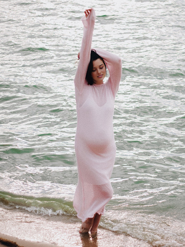 Beaumama robes longue grossesse tricot costume deux pièces col rond élégant femme enceinte