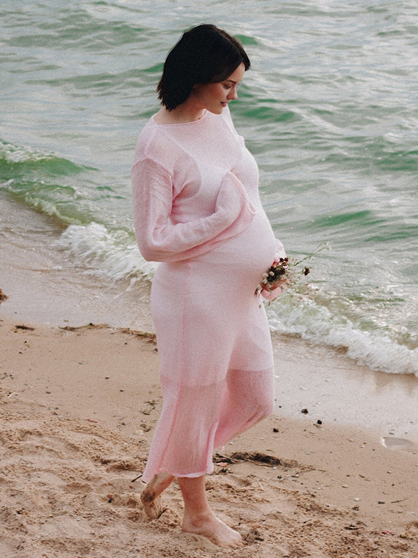 Beaumama robes longue grossesse tricot costume deux pièces col rond élégant femme enceinte