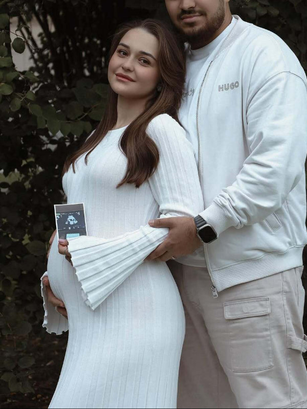 Beaumama robes shooting longue grossesse élégant ceinture rayé crochet tricot femme enceinte