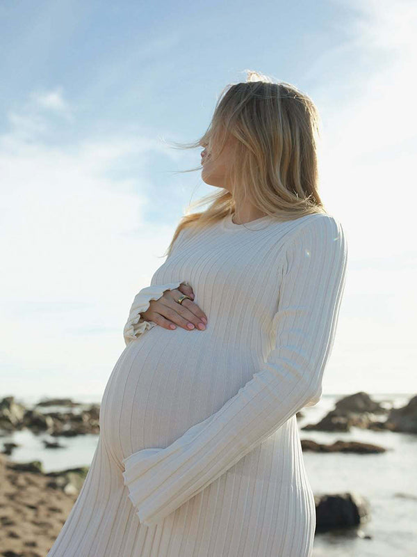 Beaumama robes shooting longue grossesse élégant ceinture rayé crochet tricot femme enceinte