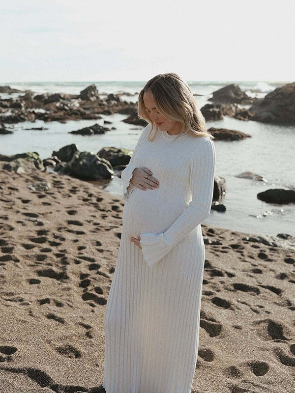 Beaumama robes shooting longue grossesse élégant ceinture rayé crochet tricot femme enceinte