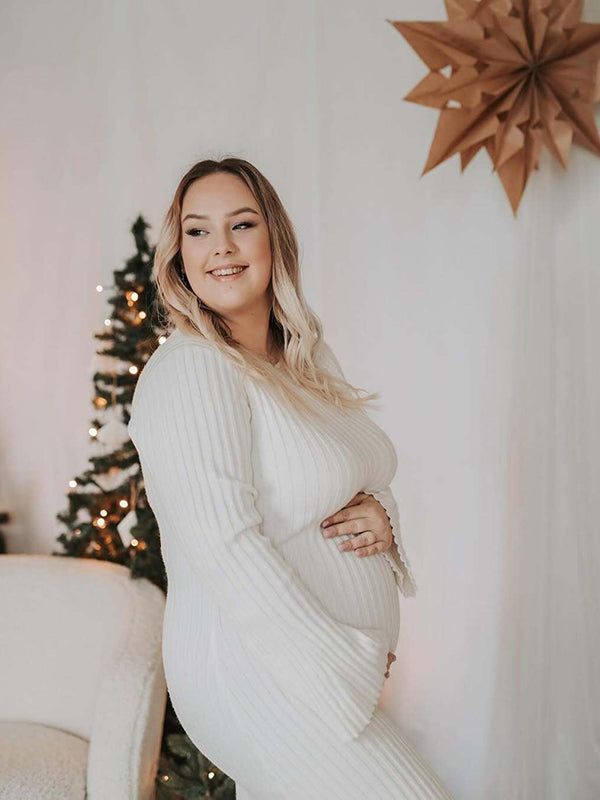 Beaumama robes shooting longue grossesse élégant ceinture rayé crochet tricot femme enceinte